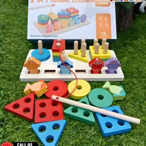 2-in-1 Wooden Fishing & Shape Matching Column Toy