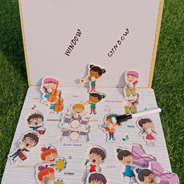 Playing puzzle with writing board.